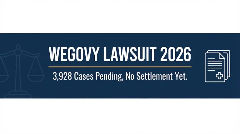 Wegovy lawsuit 2026 banner showing 3,928 pending federal cases with no settlement reached yet.