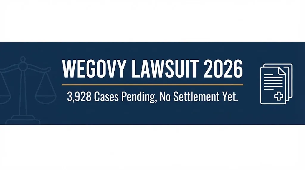 Wegovy lawsuit 2026 banner showing 3,928 pending federal cases with no settlement reached yet.