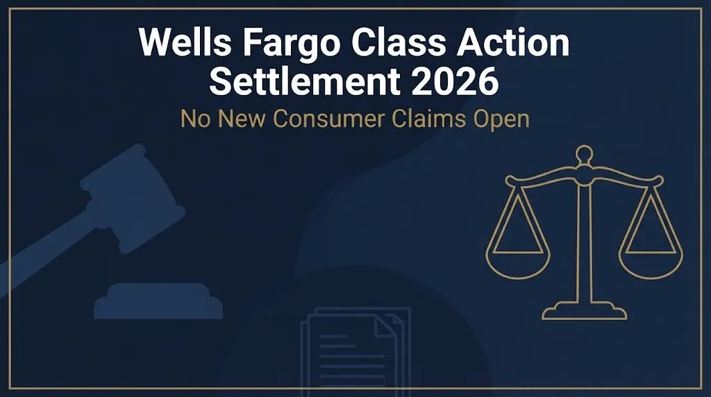Wells Fargo class action settlement 2026 status banner with legal symbols on navy background
