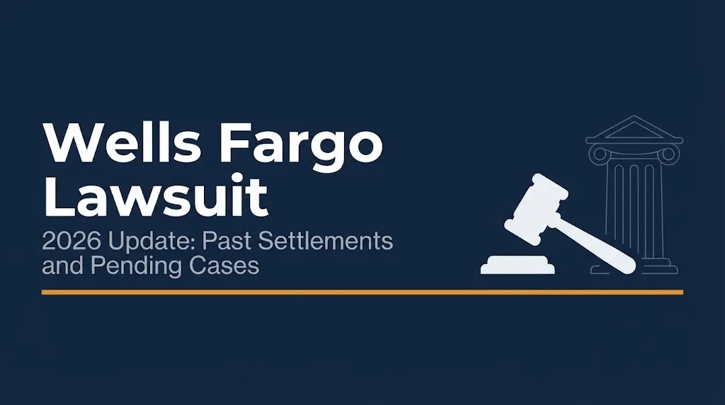 Wells Fargo lawsuit 2026 banner showing past settlements and pending cases