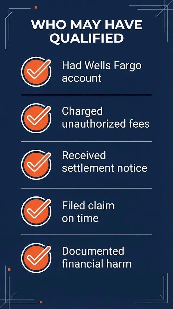 Wells Fargo lawsuit eligibility checklist showing five qualification criteria