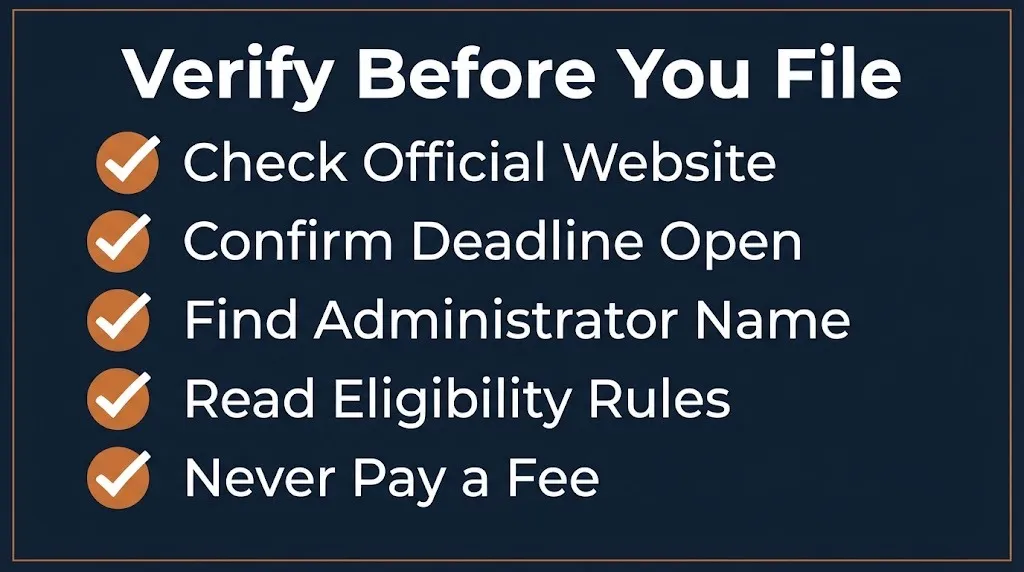 Wells Fargo settlement claim verification checklist showing official website, deadline, and fee warnings.