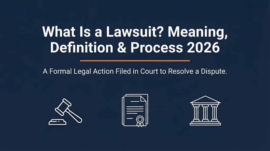 What is a lawsuit definition and legal process explained with gavel and court icons.