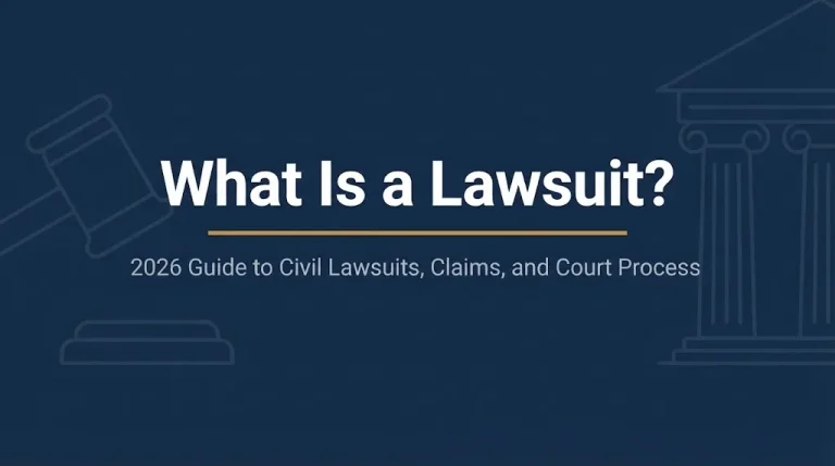 What is a lawsuit explained in a 2026 legal guide graphic with gavel and courthouse imagery.