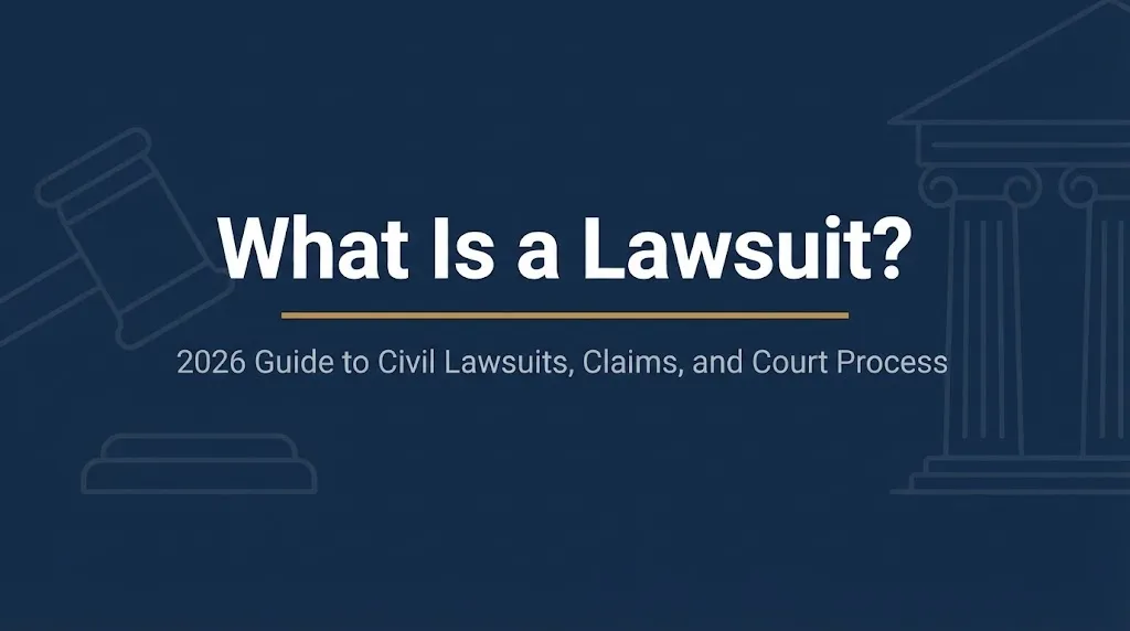 What is a lawsuit explained in a 2026 legal guide graphic with gavel and courthouse imagery.