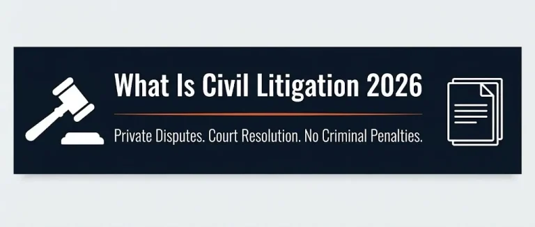 What is civil litigation 2026 banner explaining private court dispute resolution with legal document symbols.
