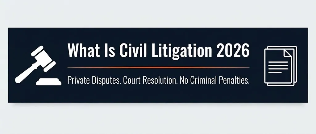 What is civil litigation 2026 banner explaining private court dispute resolution with legal document symbols.