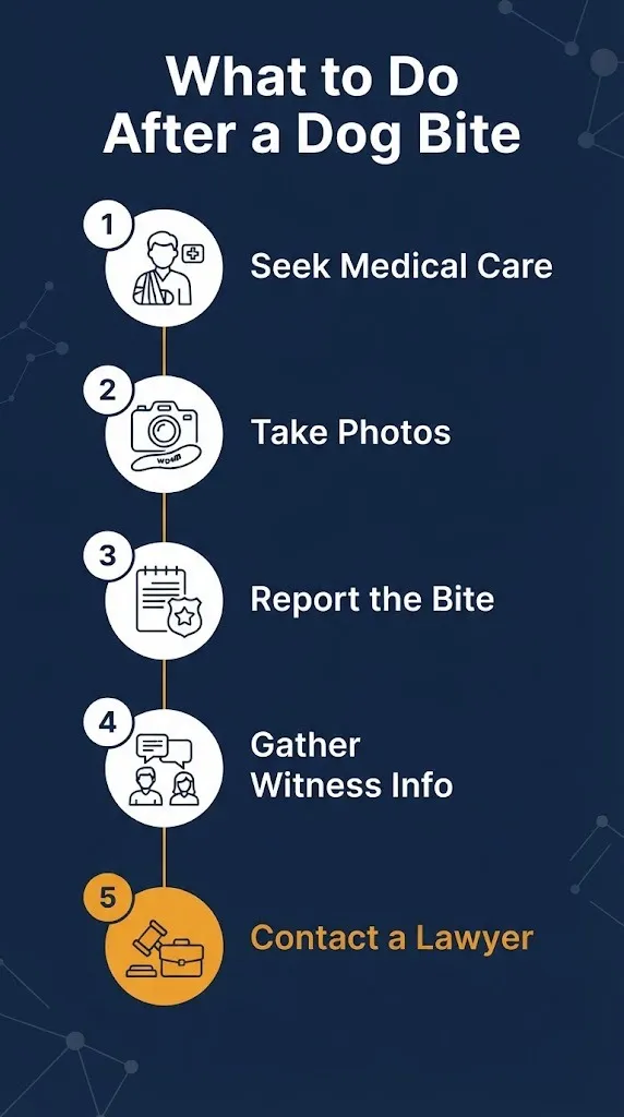 What to do after a dog bite lawsuit steps showing medical care, photos, reporting, and lawyer contact.
