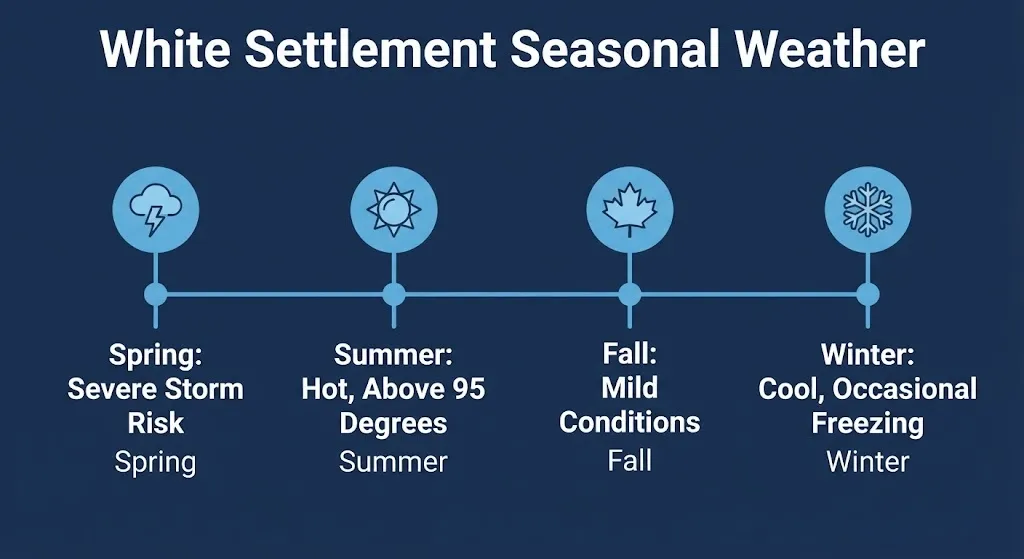 White Settlement seasonal weather graphic showing four seasons with temperature and storm descriptions.