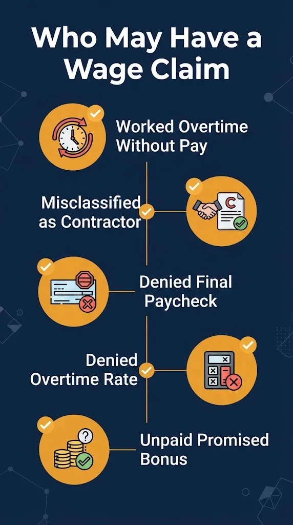Who may have a wage claim checklist showing overtime, misclassification, and final paycheck criteria.