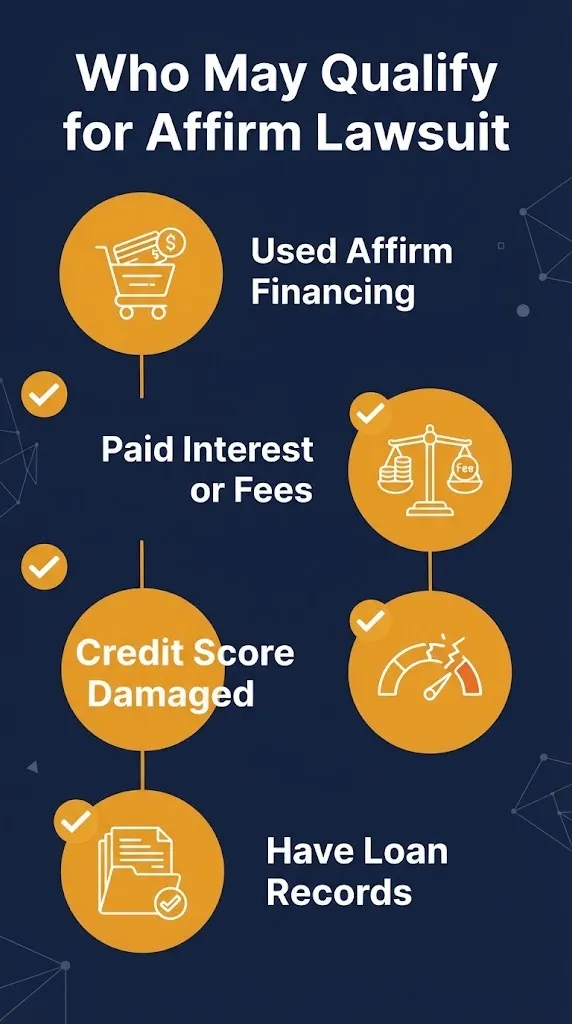 Who may qualify for Affirm lawsuit checklist showing loan records and credit damage criteria.