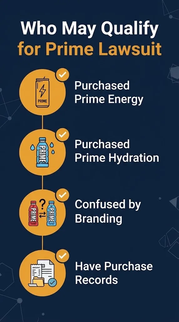 Who may qualify for Prime drink lawsuit checklist showing purchase records and branding confusion criteria.