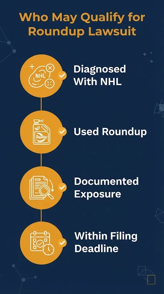 Who may qualify for Roundup lawsuit checklist showing NHL diagnosis and exposure documentation criteria.