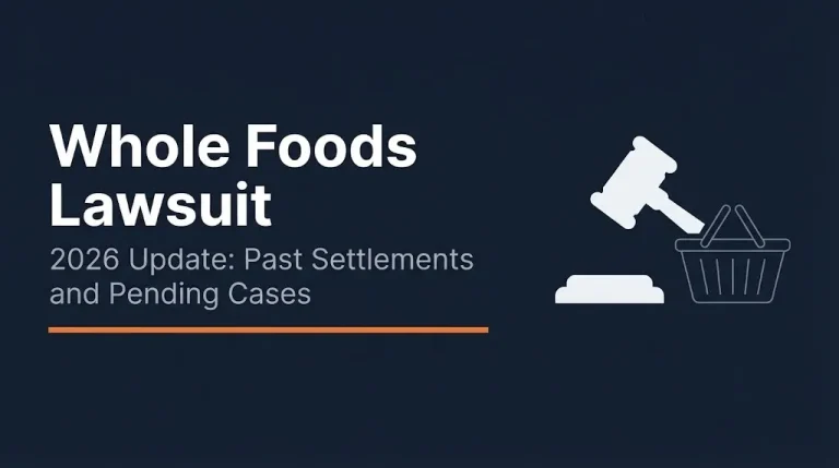 Whole Foods lawsuit 2026 banner showing past settlements and pending cases