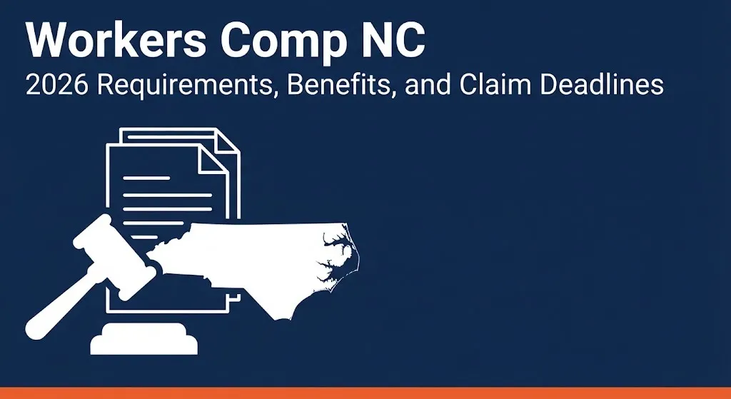 Workers comp NC 2026 requirements and benefits guide banner with gavel and North Carolina outline illustration.