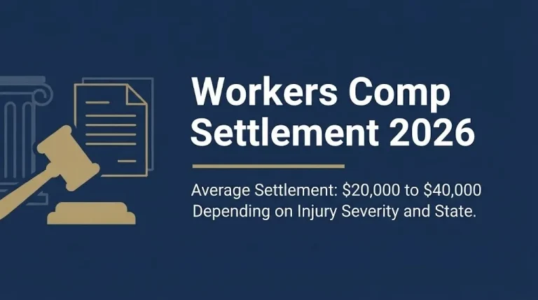 Workers comp settlement 2026 banner showing average settlement range and gavel icon in legal editorial design.