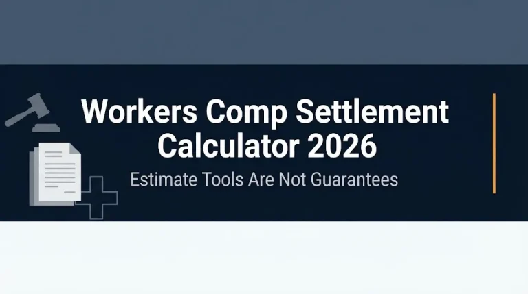 Workers comp settlement calculator 2026 banner showing that estimate tools are not guaranteed payouts.