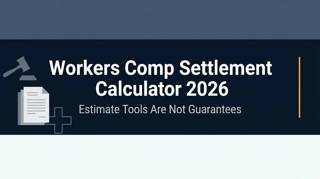 Workers comp settlement calculator 2026 banner showing that estimate tools are not guaranteed payouts.