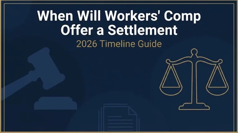 Workers comp settlement timeline 2026 guide banner with legal symbols on navy background
