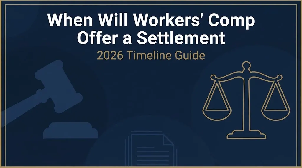 Workers comp settlement timeline 2026 guide banner with legal symbols on navy background
