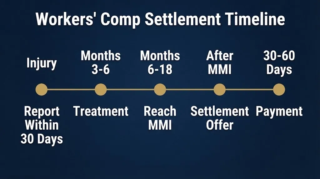 Workers comp settlement timeline from injury to payment in five stages