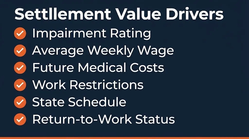 Workers comp settlement value checklist showing impairment rating, wages, medical costs, and state rules.