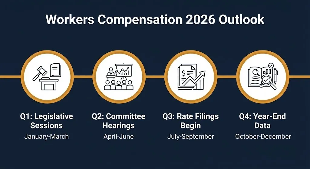 Workers compensation 2026 timeline showing legislative sessions, hearings, rate filings, and year-end data.