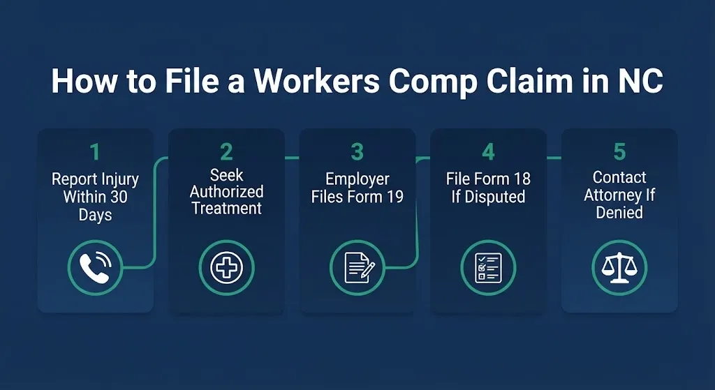 Workers compensation NC filing steps graphic showing five-step claim process from injury report to attorney contact.