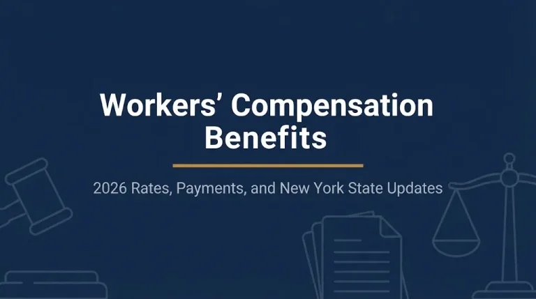 Workers compensation benefits 2026 rates and payments guide graphic with legal imagery.