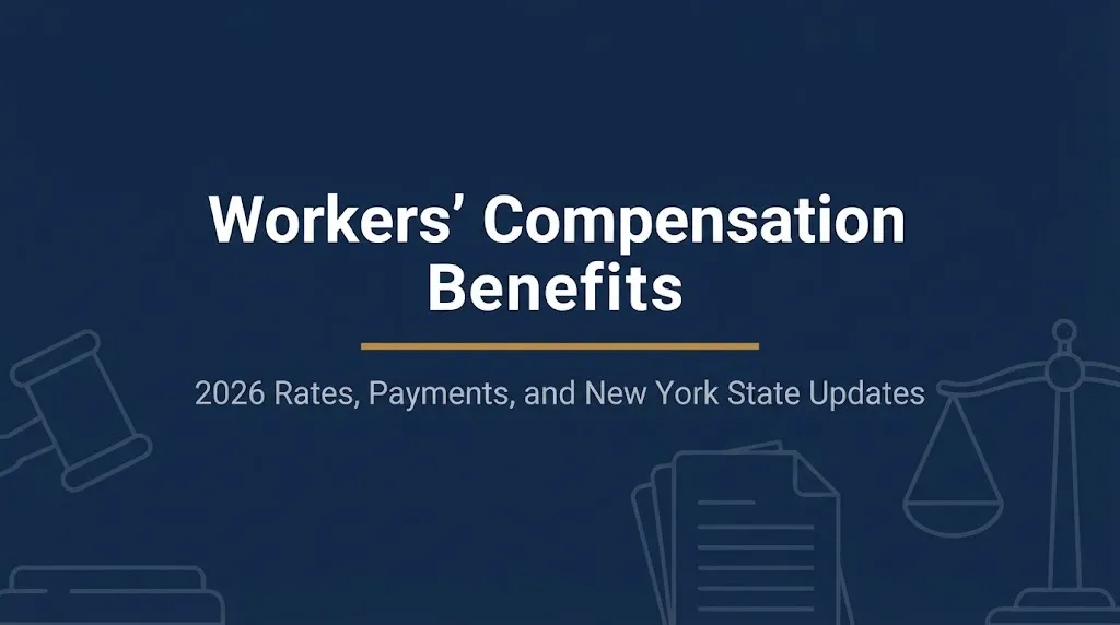 Workers compensation benefits 2026 rates and payments guide graphic with legal imagery.