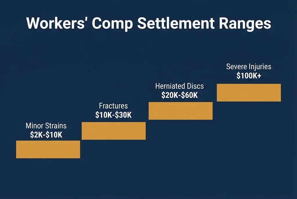 Workers compensation benefits payout tiers graphic showing settlement ranges by injury type.