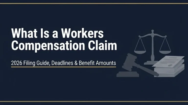 Workers compensation claim 2026 filing guide showing benefit deadlines and claim process information with legal icons.