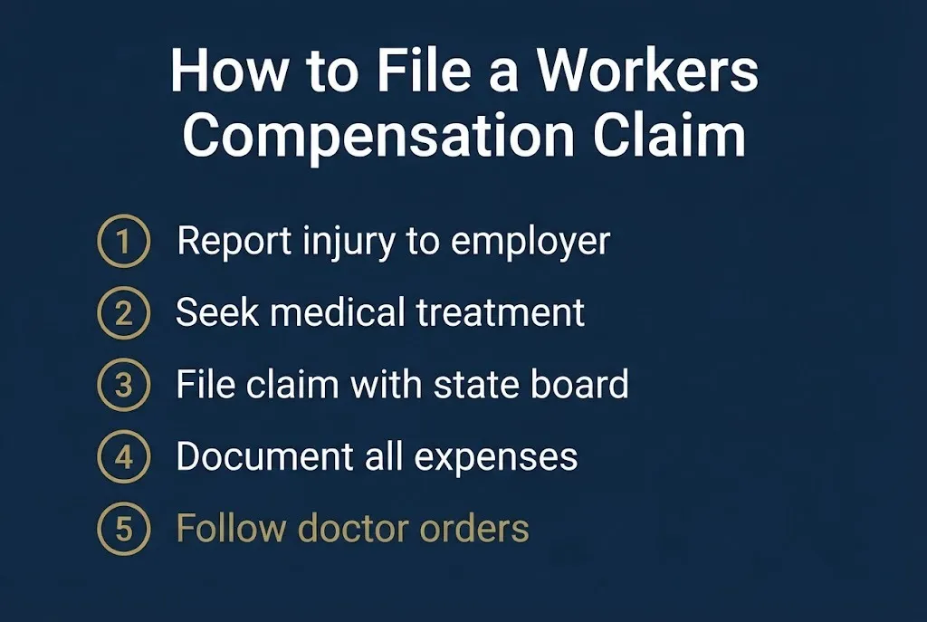 Workers compensation claim filing steps showing five actions from reporting injury to following medical orders.