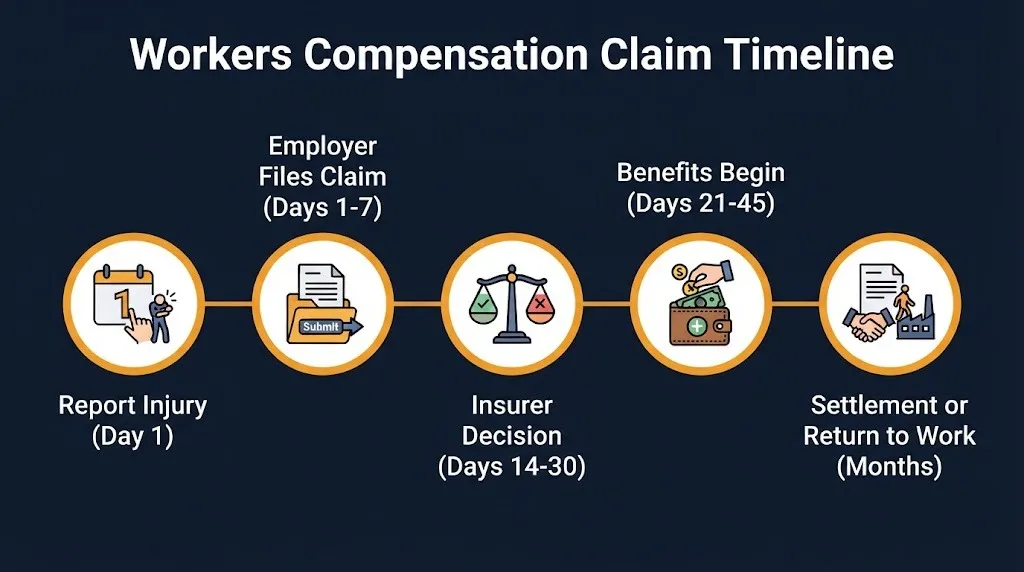 Workers compensation claim process timeline showing key steps from injury report to benefits and settlement.