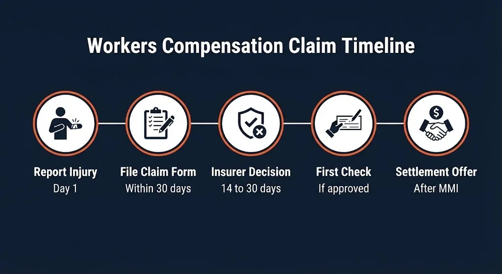 Workers compensation claim timeline graphic showing five key steps from injury report to settlement offer.