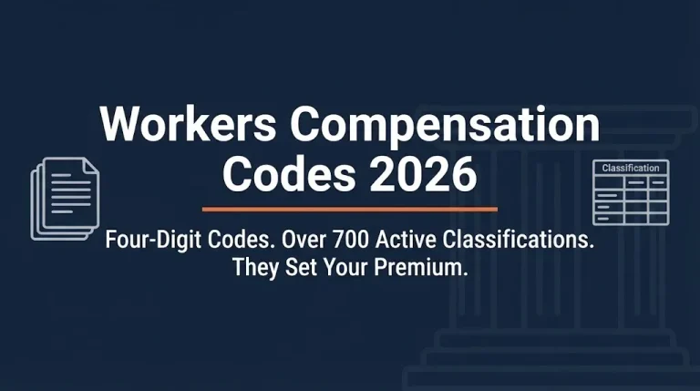 Workers compensation codes 2026 banner showing four digit classification system with document and chart icons on navy background.