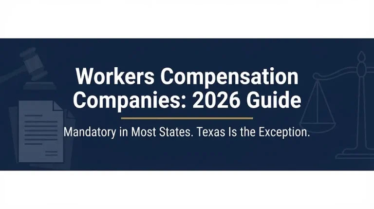 Workers compensation companies 2026 guide showing mandatory coverage in most states with Texas exception.