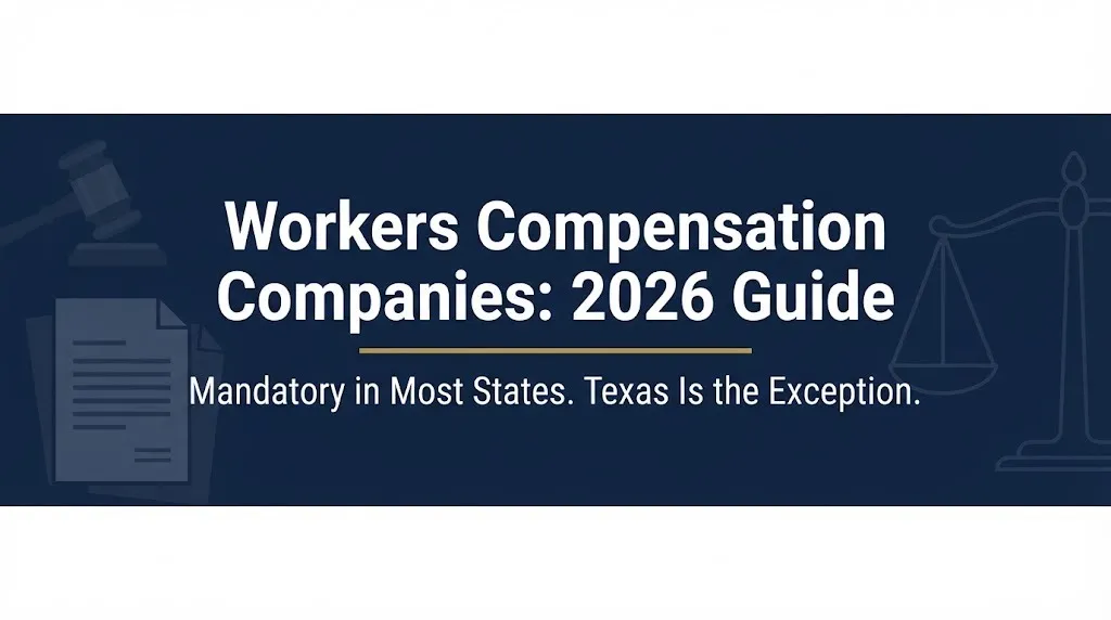 Workers compensation companies 2026 guide showing mandatory coverage in most states with Texas exception.