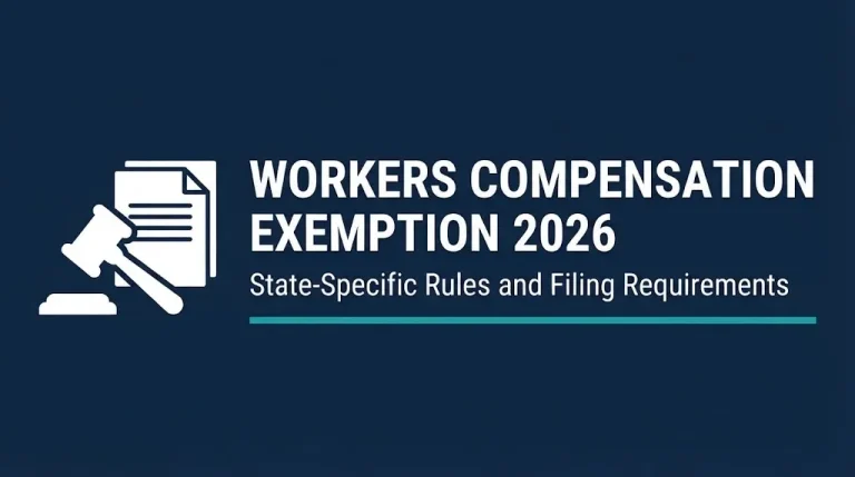 Workers compensation exemption 2026 banner showing state filing rules and legal documents on navy background.