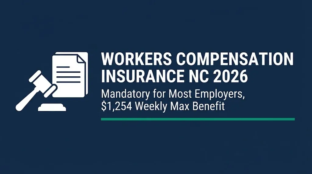 Workers compensation insurance NC 2026 banner showing mandatory coverage and weekly benefit maximum background.