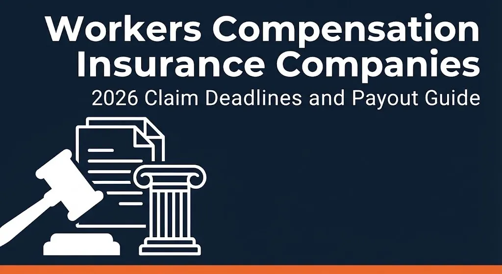Workers compensation insurance companies 2026 claims deadline and payout guide banner with gavel.