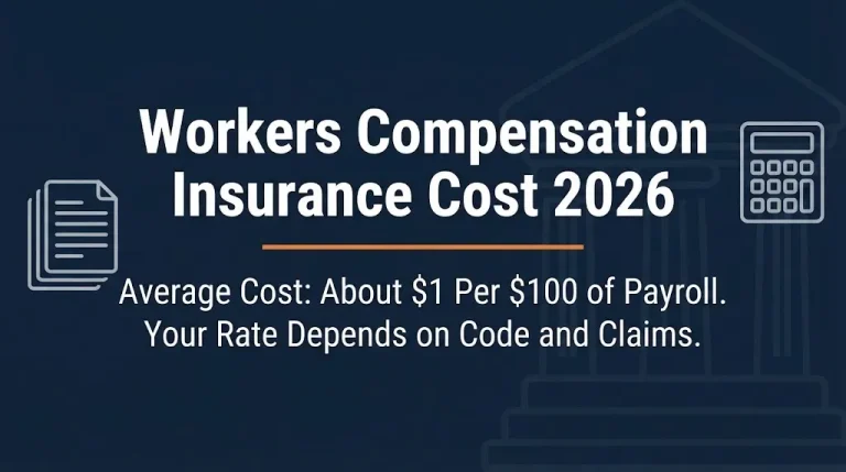 Workers compensation insurance cost 2026 banner showing one dollar per hundred payroll average with legal and calculator icons.