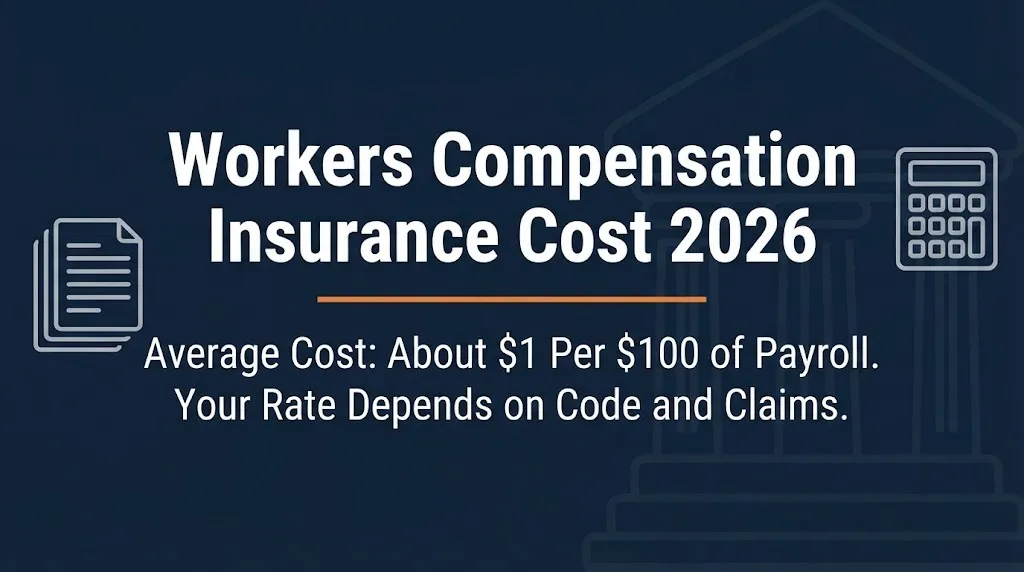 Workers compensation insurance cost 2026 banner showing one dollar per hundred payroll average with legal and calculator icons.