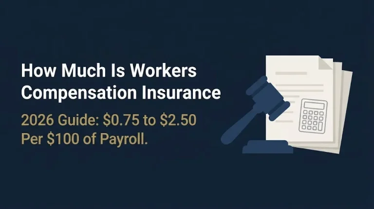 Workers compensation insurance cost 2026 guide showing the per payroll pricing range with legal imagery.