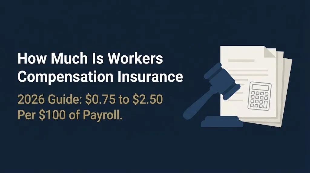 Workers compensation insurance cost 2026 guide showing the per payroll pricing range with legal imagery.