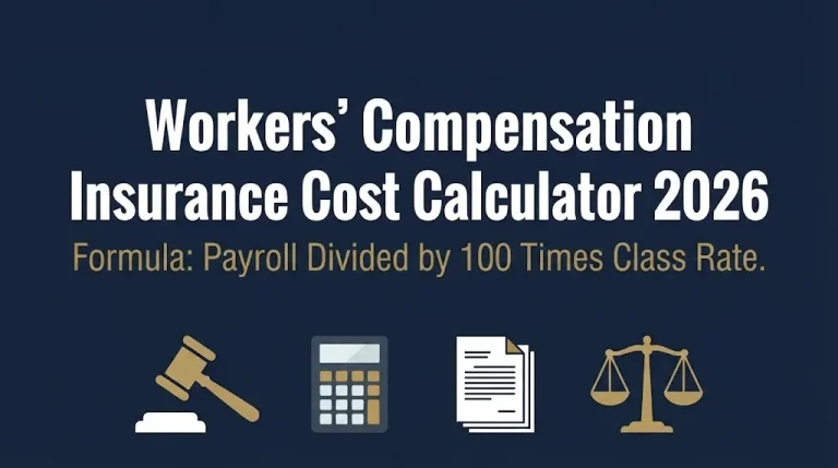 Workers compensation insurance cost calculator 2026 banner with calculator and gavel showing premium formula.