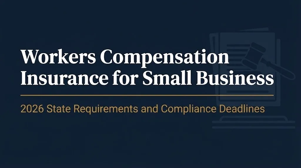 Workers compensation insurance for small business article banner with 2026 state requirements headline in editorial legal news style.