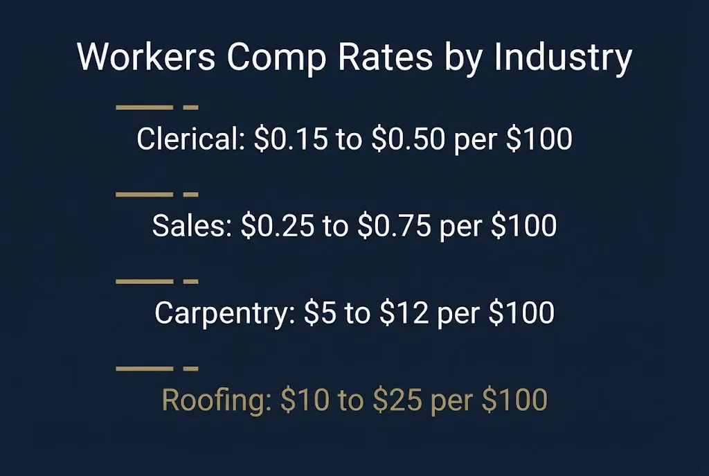 Workers compensation insurance rate tiers by industry from clerical through roofing classifications.