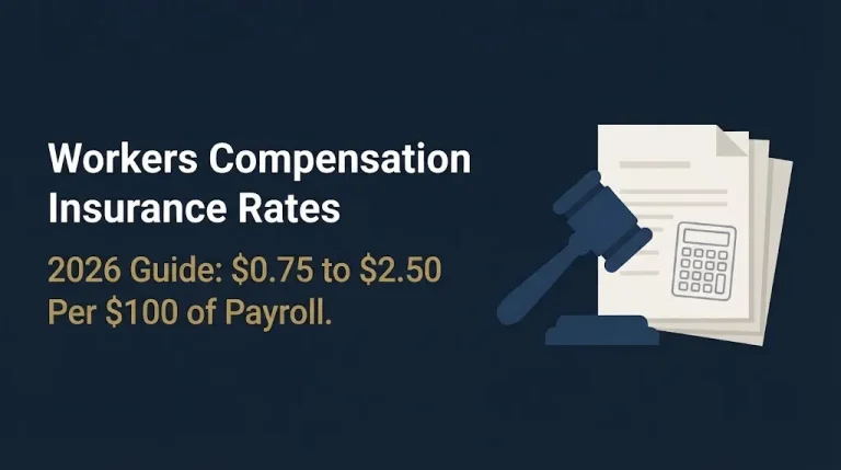 Workers compensation insurance rates 2026 guide showing the per payroll pricing range with legal imagery.
