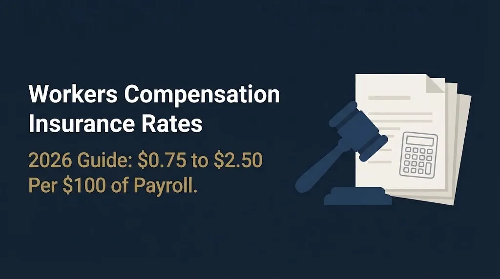 Workers compensation insurance rates 2026 guide showing the per payroll pricing range with legal imagery.